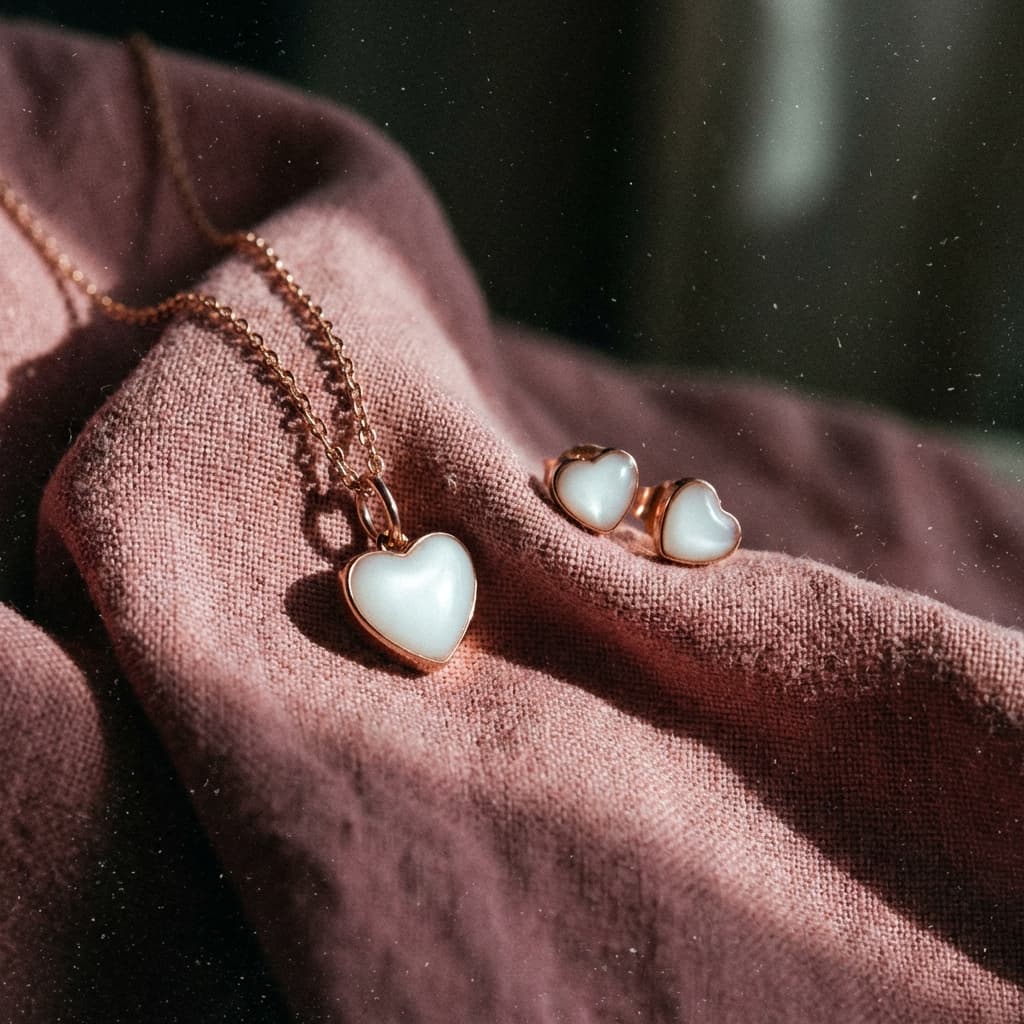 Rose-gold heart pendant necklace and matching heart stud earrings made using a breastmilk jewelry resin kit, displayed on soft pink fabric in warm natural light.