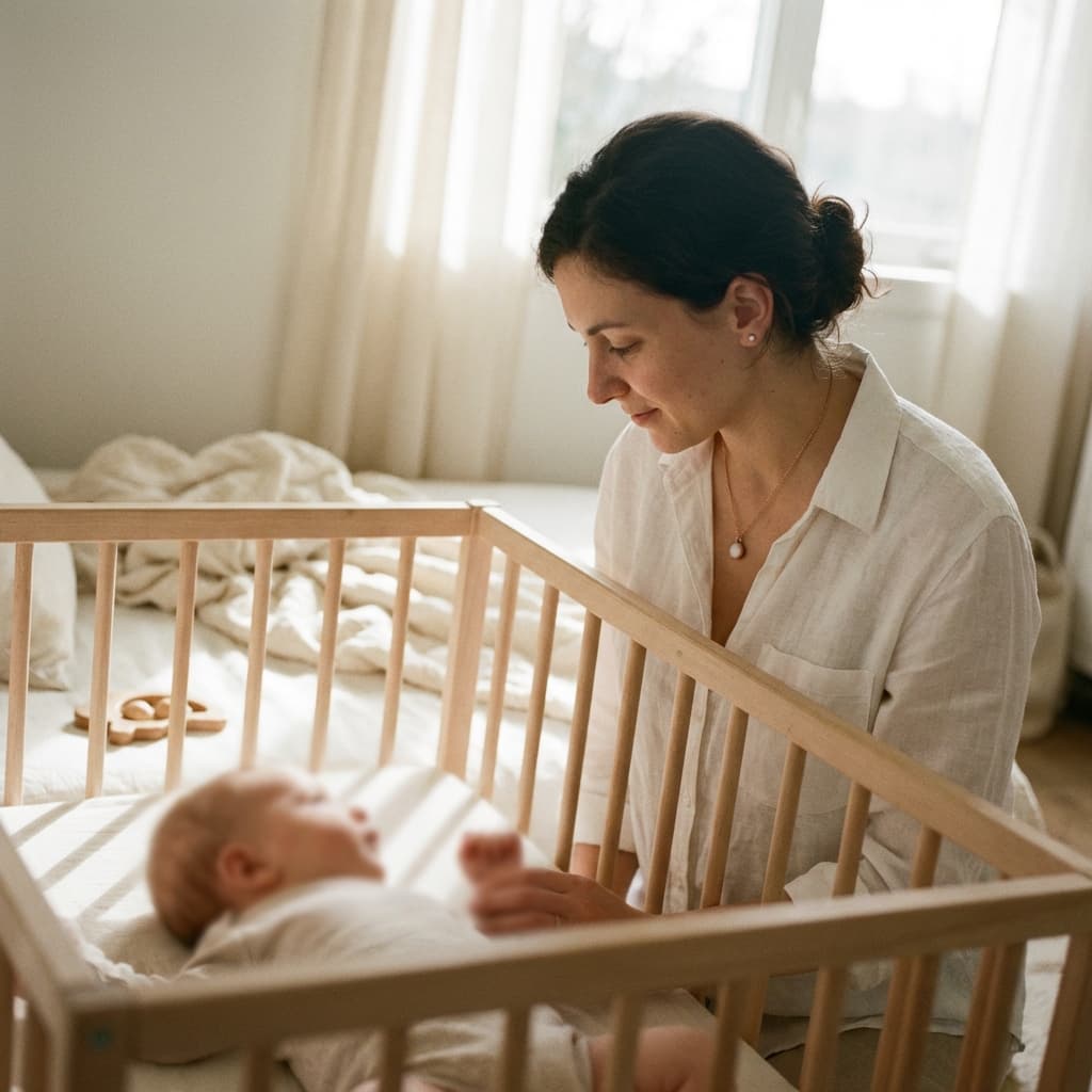 Sunlit nursery scene of a mother leaning over a wooden crib wearing a pearl necklace, suggesting a sentimental keepsake made with a breastmilk jewelry resin kit.