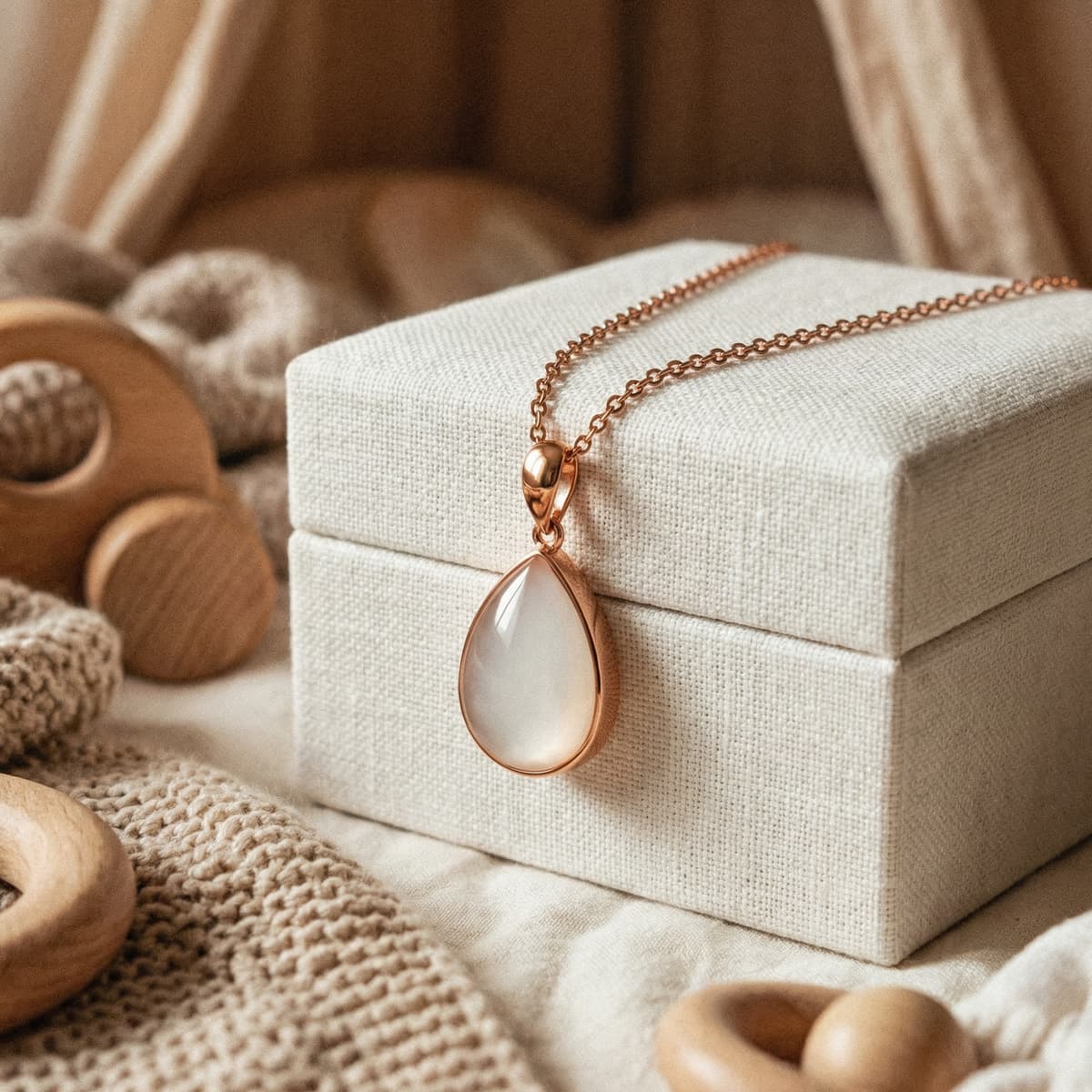 Rose gold teardrop pendant with a milky resin stone on a linen jewelry box, styled with soft knit fabric and wooden baby toys, showcasing a breastmilk necklace diy making kit keepsake.