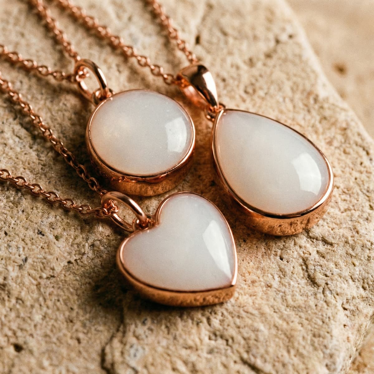 Rose gold pendants with milky white resin stones in round, teardrop, and heart shapes, finished keepsakes made with a breastmilk necklace diy making kit, displayed on a textured neutral stone background.