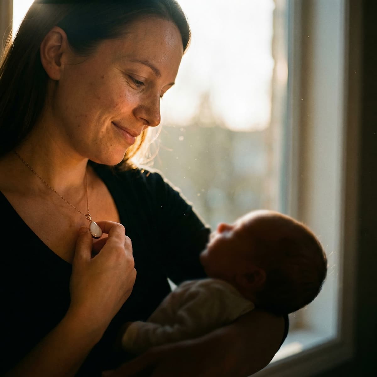 Mother holding newborn by a sunlit window, touching a keepsake pendant, showing why a breastmilk necklace diy making kit is a meaningful at-home way to create personalized breastmilk jewelry memories.