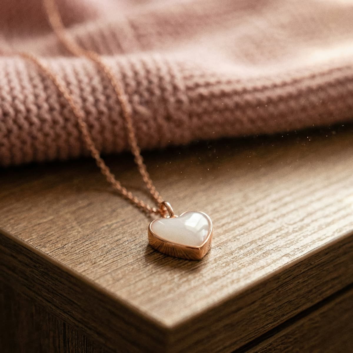 Rose gold heart-shaped breastmilk keepsake pendant made using a breastmilk necklace making kit, displayed on a wooden surface with a soft knit blanket in the background.