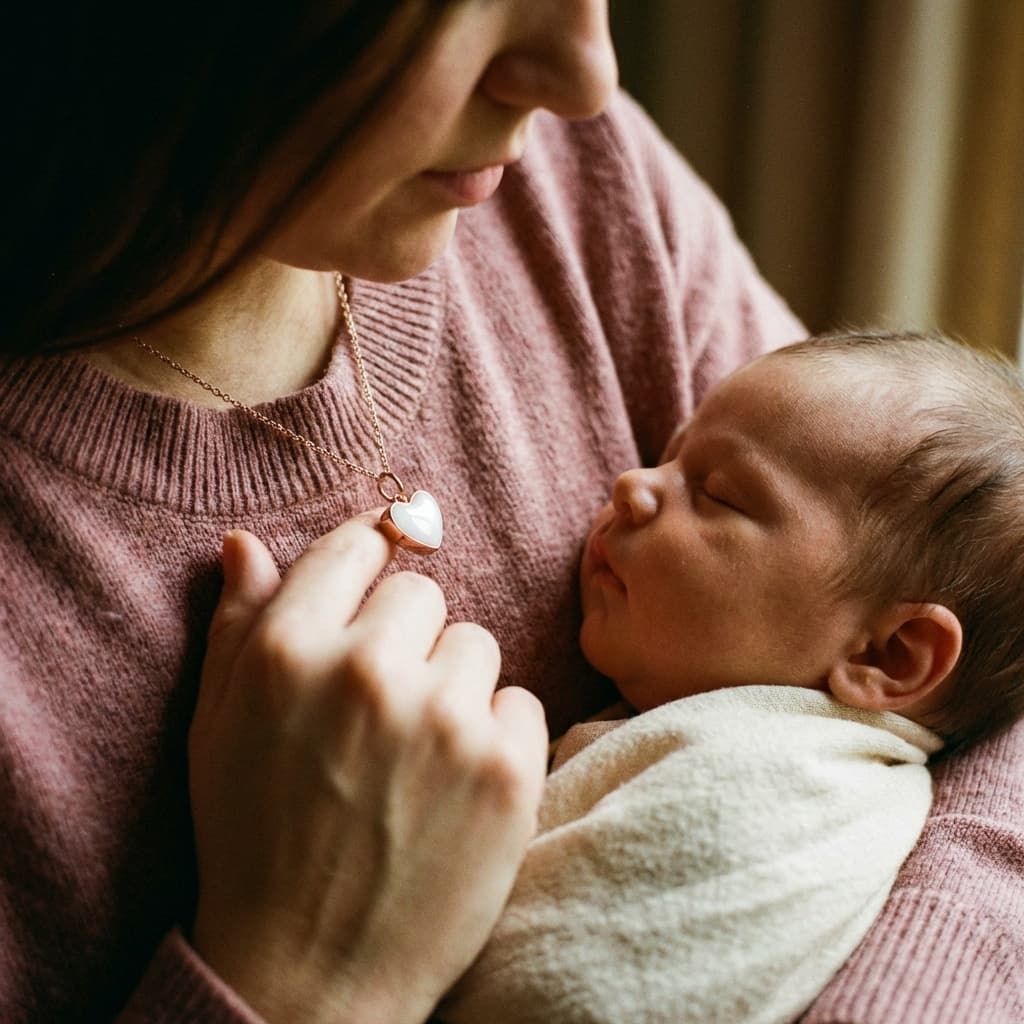 Mother cradling a sleeping newborn while holding a heart-shaped keepsake pendant, showing why a breastmilk necklace making kit is a meaningful DIY way to preserve motherhood memories at home.