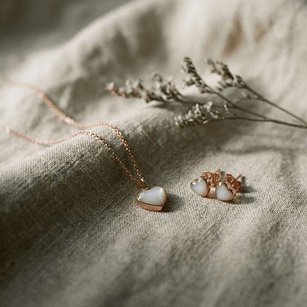 Rose gold heart pendant necklace and matching heart stud earrings on soft linen, showcasing a breastmilk necklaces diy kit keepsake jewelry set for preserving breastmilk in resin.