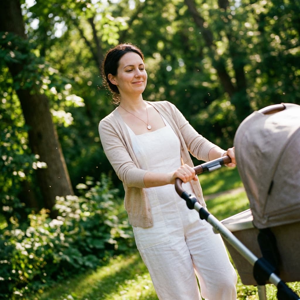 A mother strolls her baby in a sunlit park while wearing a delicate pendant, symbolizing a keepsake made with a breastmilk necklaces diy kit to preserve motherhood memories.