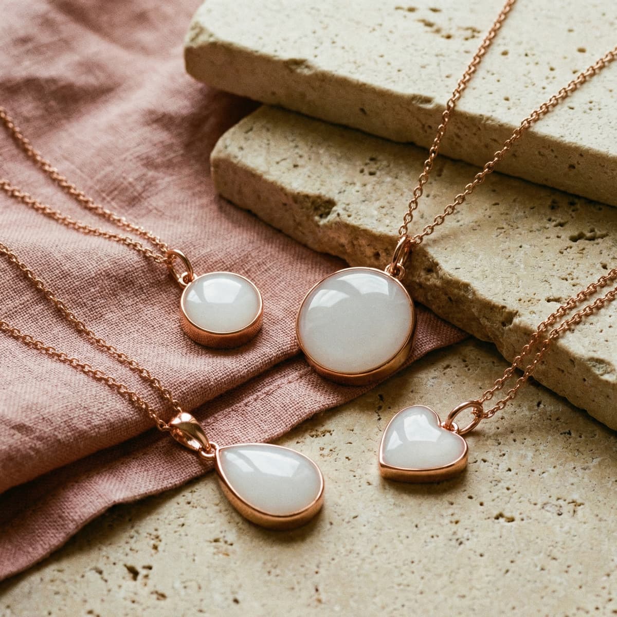 Rose gold keepsake jewelry display with milky white resin pendants in round, teardrop, and heart shapes, styled like a breastmilk necklaces diy making kit on blush fabric with stone slabs.