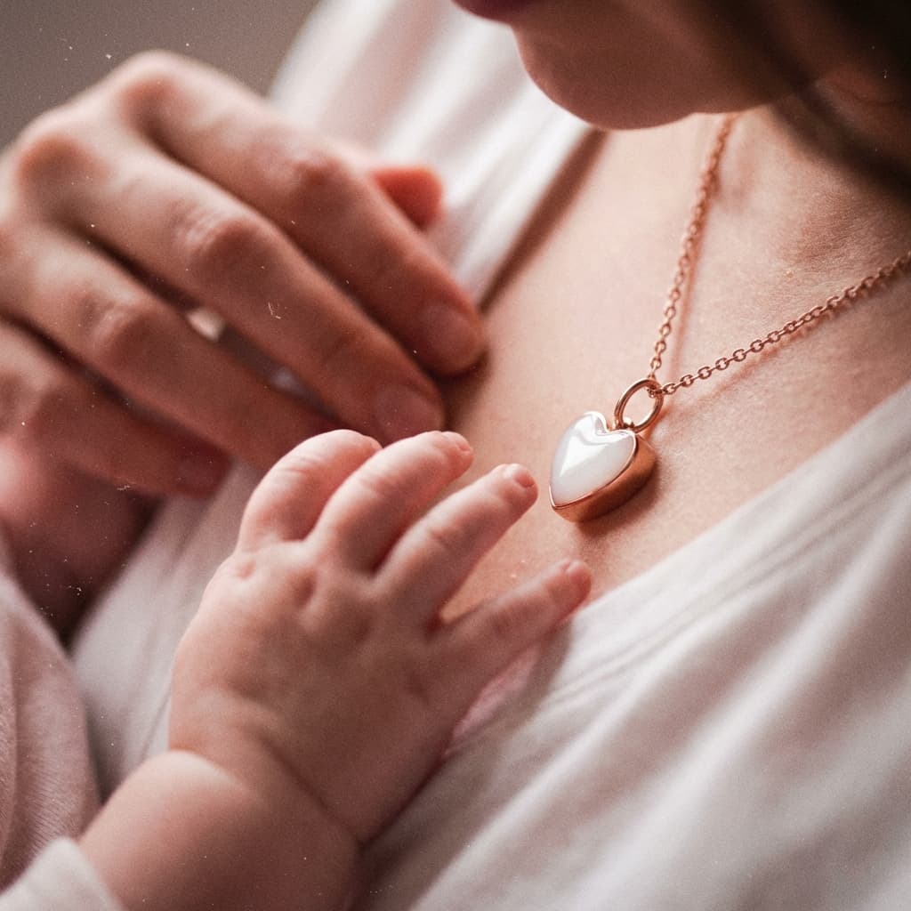 Mother wearing a rose-gold heart breastmilk necklace keepsake made with a breastmilk necklaces diy making kit while a baby’s hand gently touches her chest