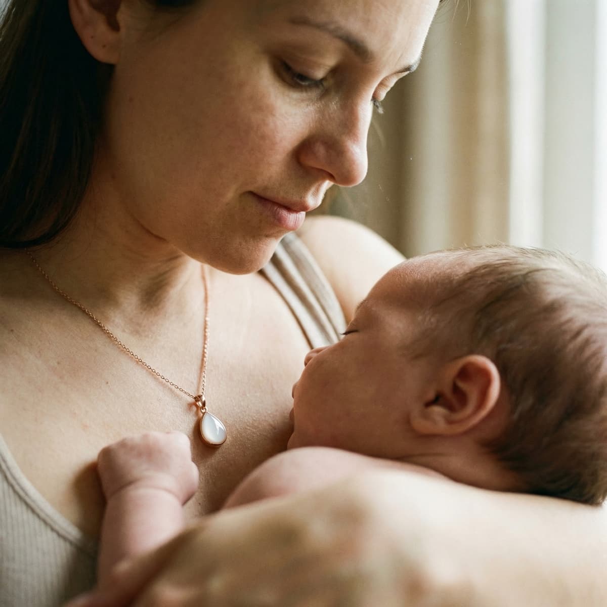 Mother cuddling a newborn while wearing a teardrop pendant, showing why a breastmilk necklaces making kit is a meaningful at-home way to create a private breastfeeding keepsake.