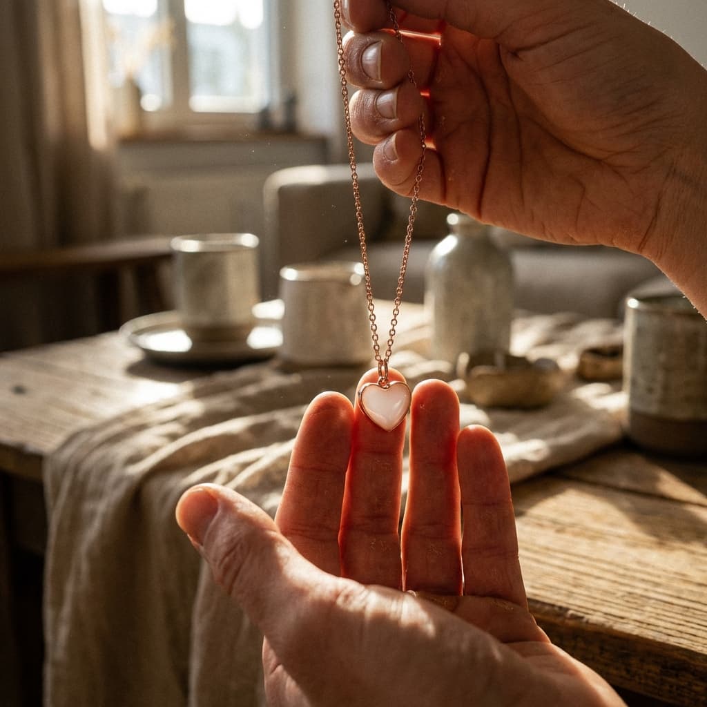 Hands holding a heart-shaped pendant on a rose-gold chain, showcasing a breastmilk necklaces making kit keepsake in warm natural light on a rustic table.