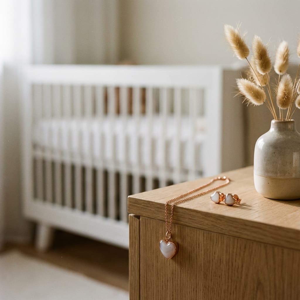 Rose gold heart pendant necklace and matching stud earrings displayed on a wooden dresser beside a vase, styled as finished pieces from a diy breast milk jewellery kit in a soft nursery with a baby crib in the background.