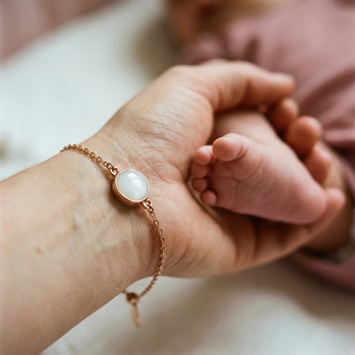 Mother holding a newborn’s feet while wearing a rose-gold bracelet made with a diy breastmilk bracelet making kit, featuring a milky white resin charm keepsake