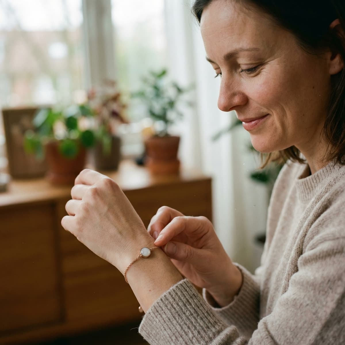 Woman fastening a delicate breastmilk keepsake bracelet at home, showing why a diy breastmilk bracelet making kit is a meaningful, private way to create your own jewelry.