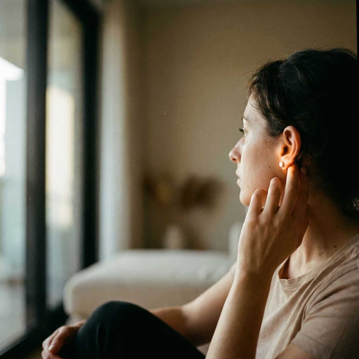 Mother sitting by a window in soft natural light wearing a small gold stud and holding a diy breastmilk earring making kit keepsake for creating breastmilk resin earrings at home
