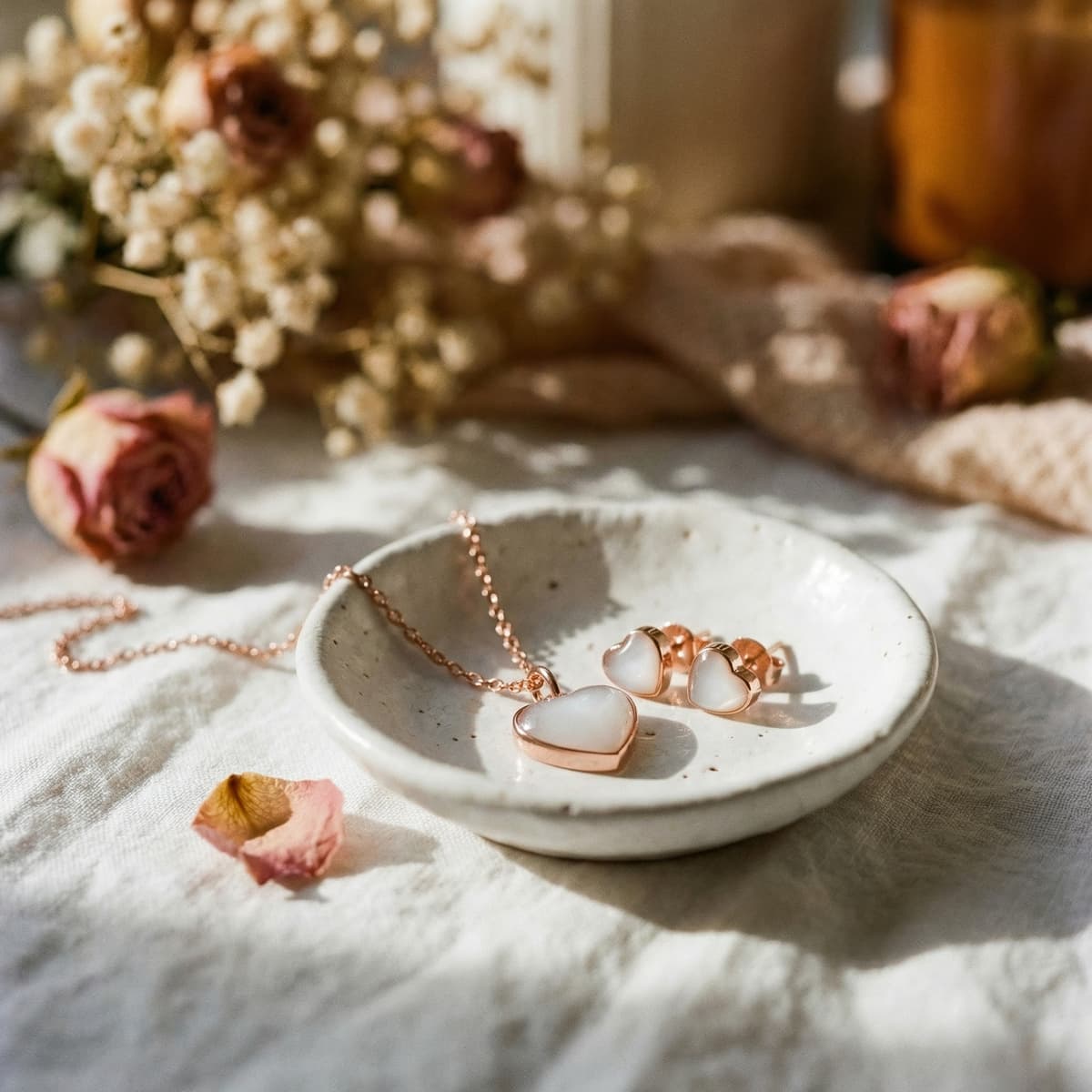 Rose-gold heart necklace and matching heart stud earrings on a ceramic dish with dried flowers, showcasing a DIY breastmilk jewellery kit keepsake set in soft natural light.