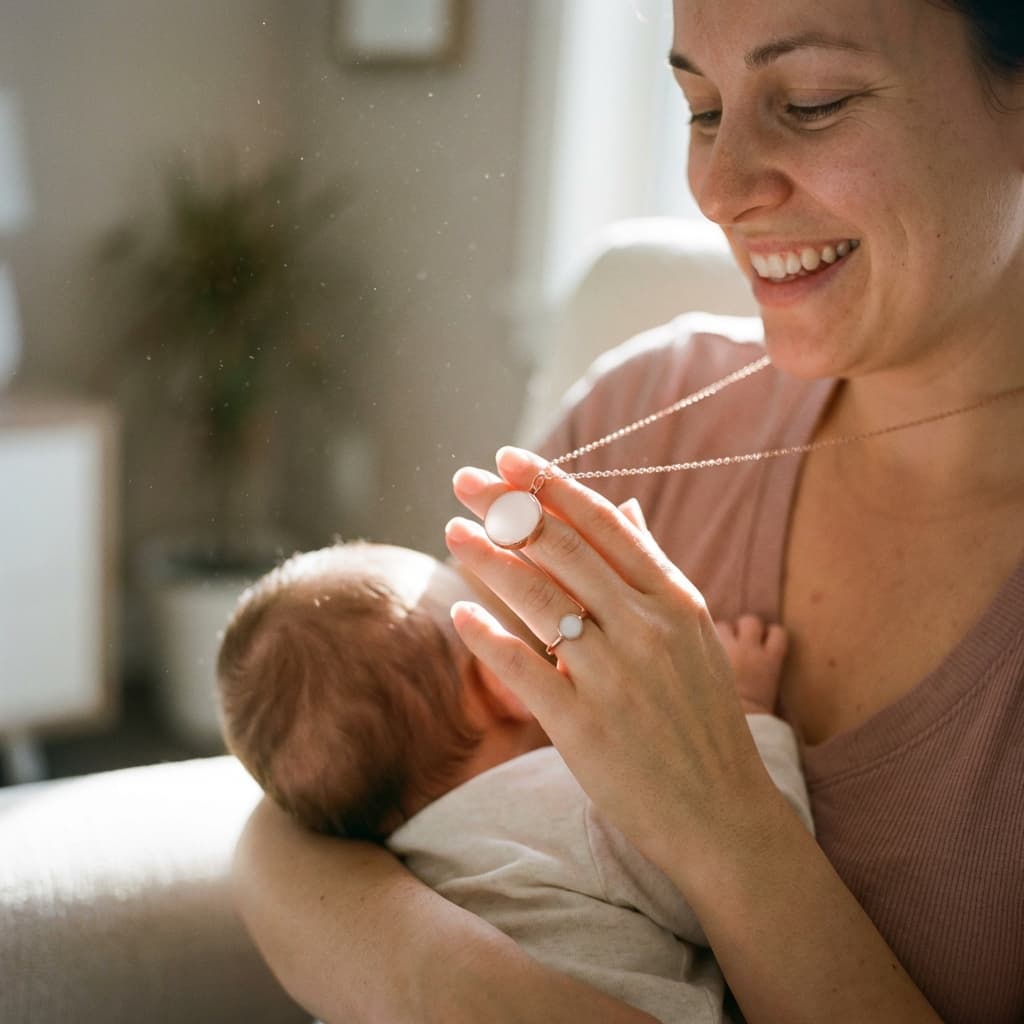 Smiling mother breastfeeding in a cozy sunlit home while holding a white resin pendant and matching ring made using a diy breastmilk jewellery kit