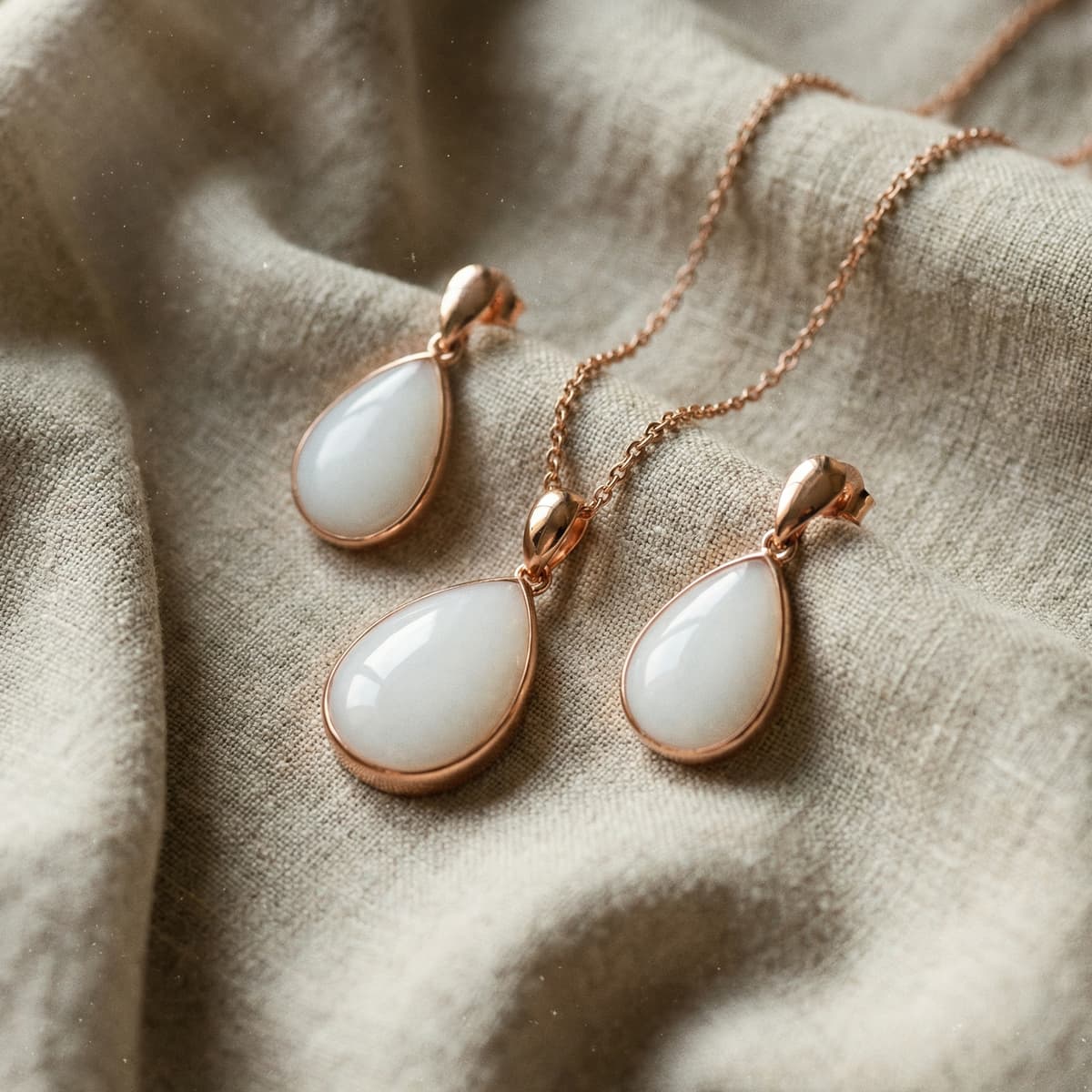Rose gold teardrop pendant necklace and matching earrings featuring milky white resin keepsakes made with a diy breastmilk jewellery making kit, displayed on soft neutral fabric.
