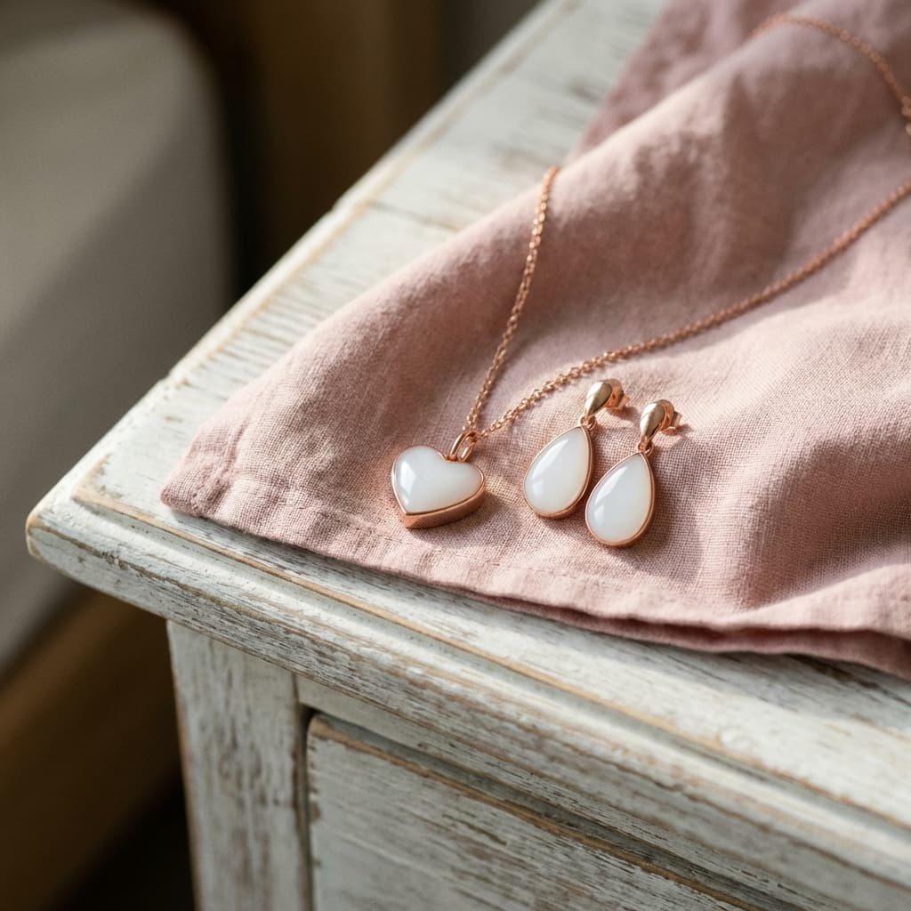 Rose gold heart pendant necklace and matching teardrop earrings with creamy white stones on pink fabric, showcasing keepsakes made with a diy breastmilk jewellery making kit.