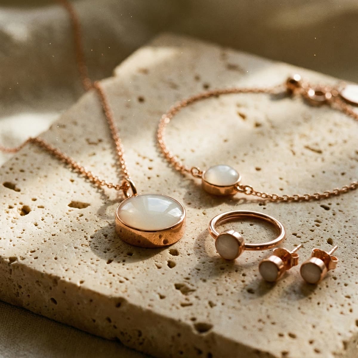 Rose gold breastmilk keepsake jewelry set on a stone slab, featuring a necklace pendant, bracelet, ring, and stud earrings made with a diy breastmilk jewellery making kit.