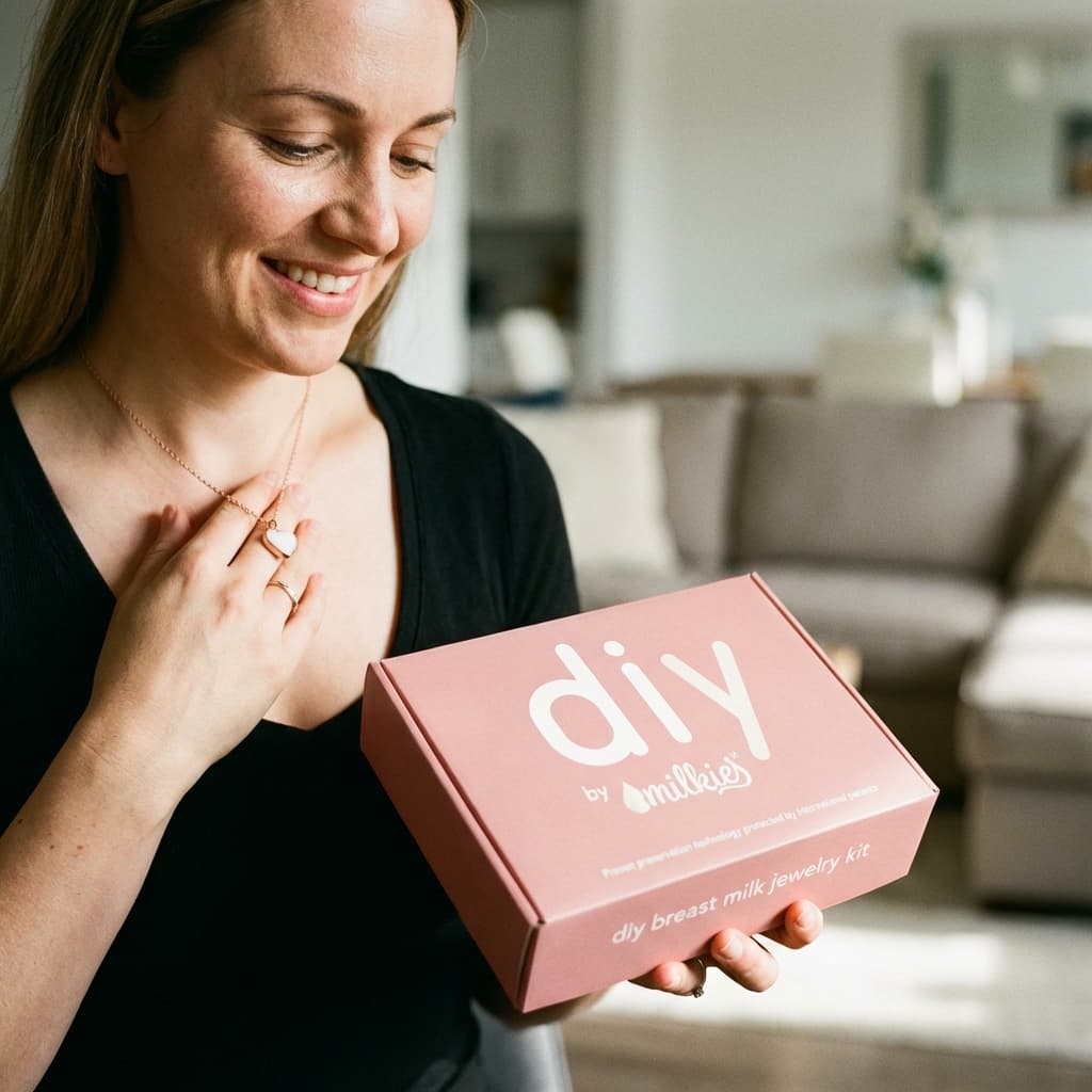 Smiling mother holding a pink DIY by MILKIES box, showing why a diy breastmilk jewellery making kit is a meaningful at-home way to create a personal keepsake.