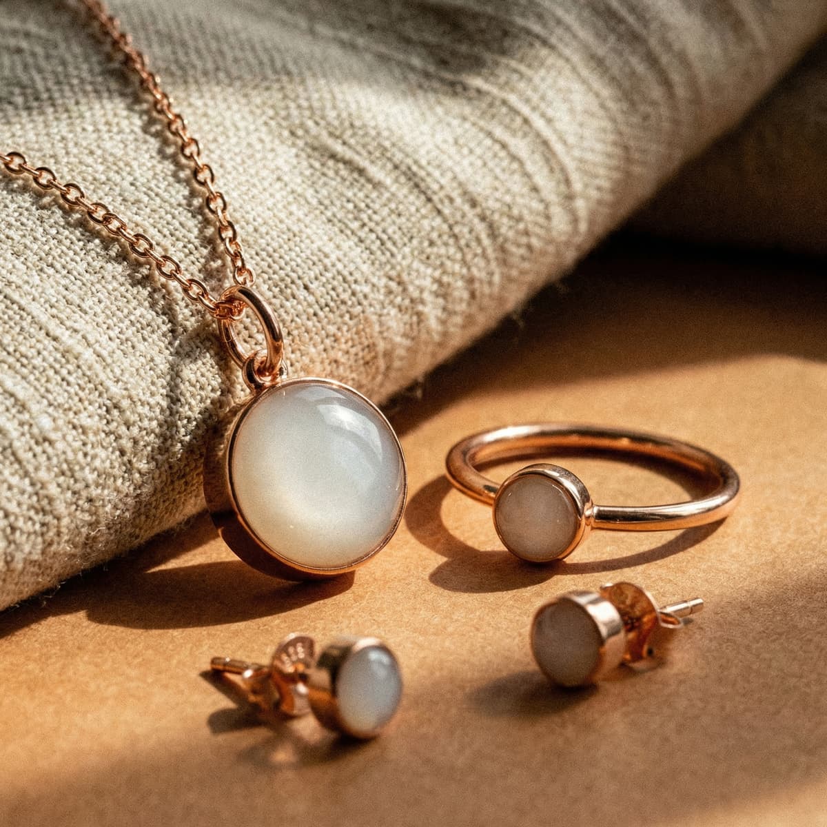 Rose gold necklace, ring, and stud earrings with milky white resin stones displayed on a warm neutral background, showcasing a diy breastmilk jewelry making kit keepsake set.
