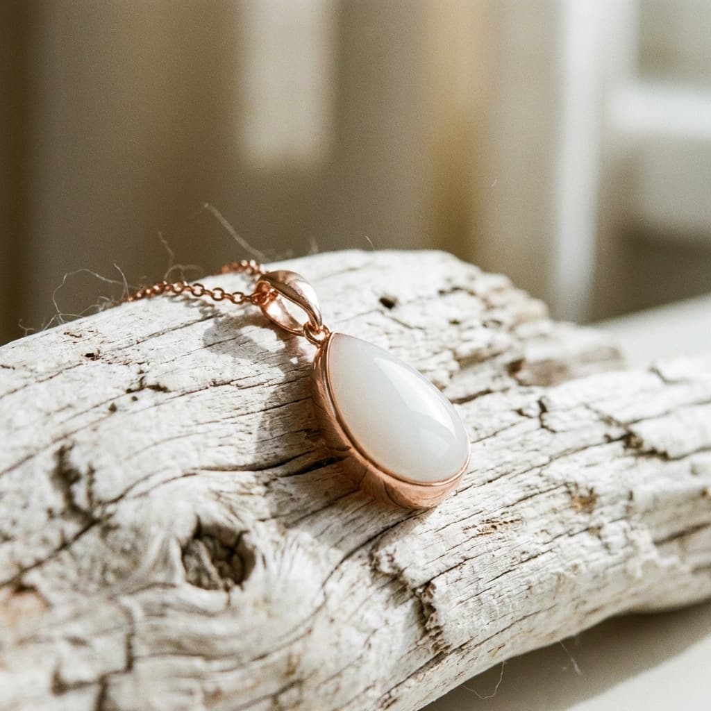 Rose gold teardrop pendant necklace with a milky white resin stone, made using a diy breastmilk jewelry making kit, resting on rustic driftwood in soft natural light.