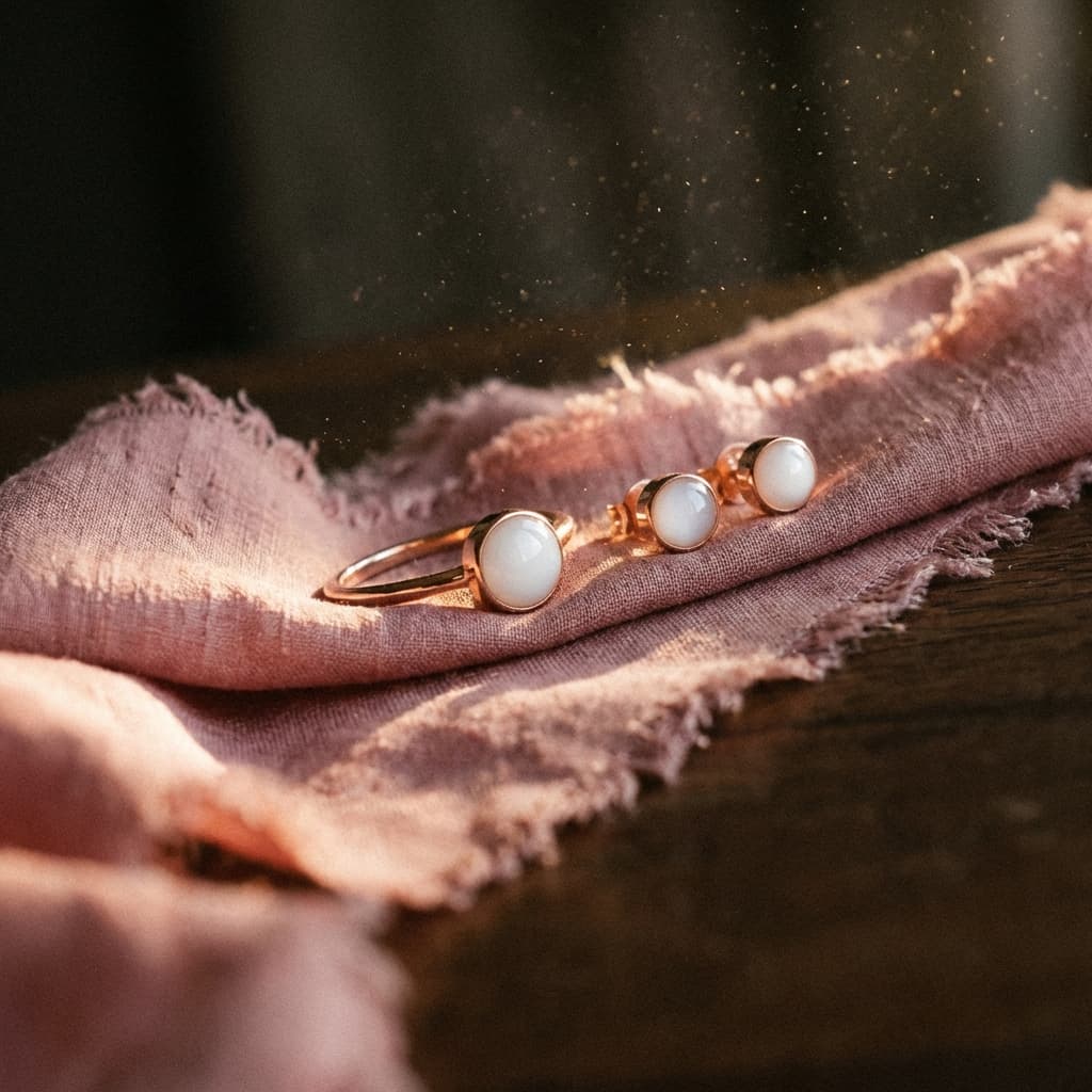 Gold ring and matching stud earrings with milky white resin stones made using a diy breastmilk jewelry making kit, displayed on soft pink fabric in warm natural light.