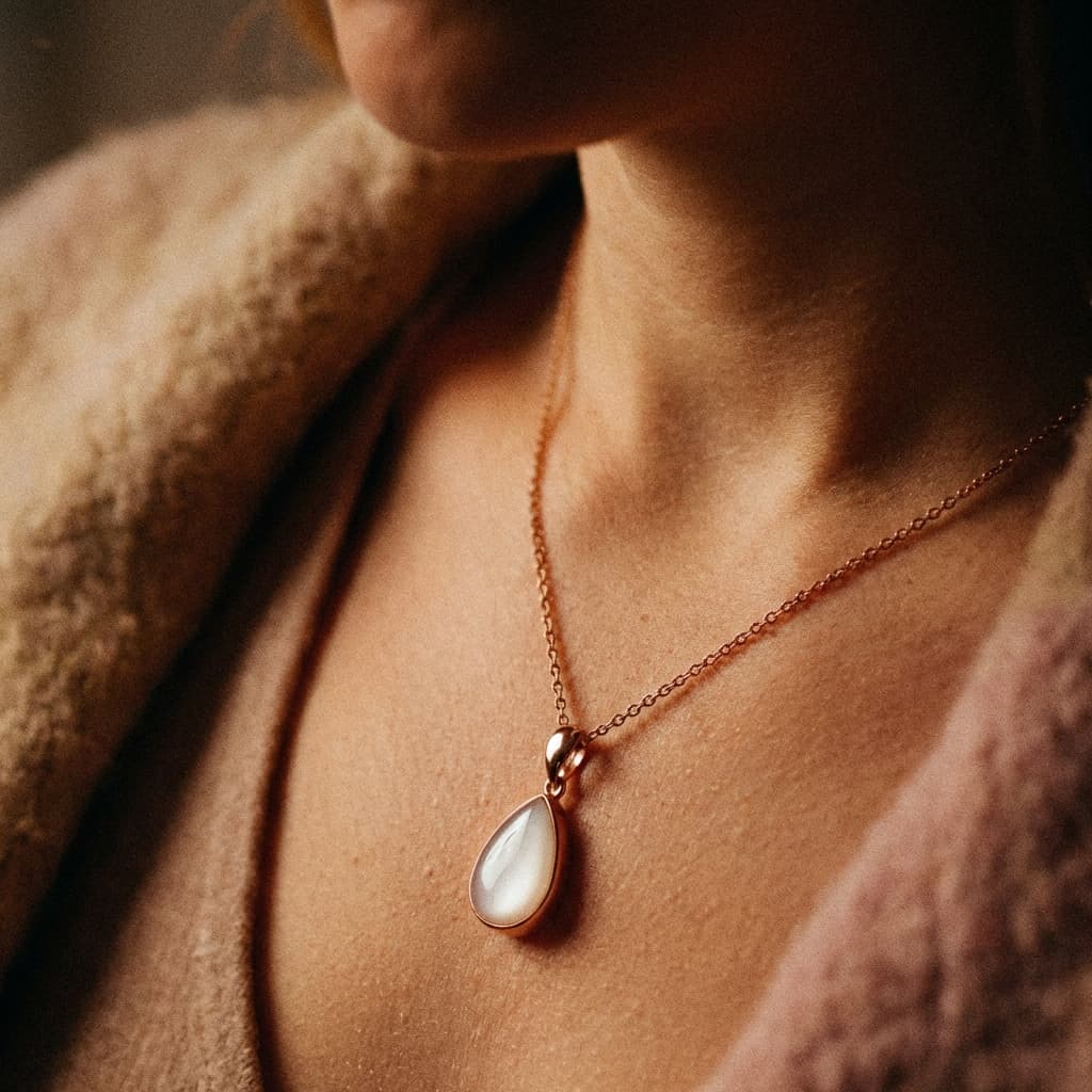 Close-up of a mother wearing a rose-gold teardrop pendant with a milky white resin keepsake made using a diy breastmilk necklace making kit