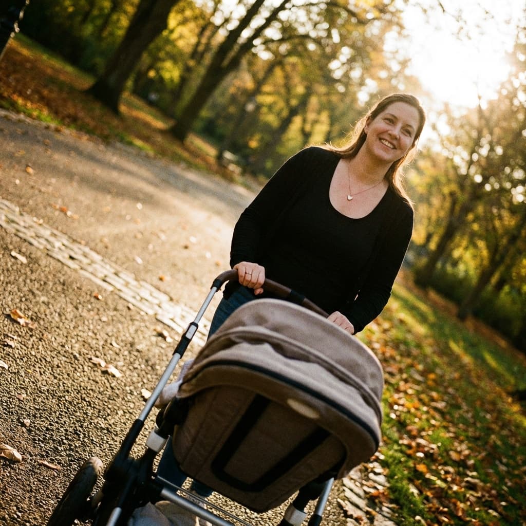 Lifestyle photo of a smiling mom pushing a stroller on a sunlit park path, representing an at-home diy breastmilk necklace making kit for creating a personal keepsake.