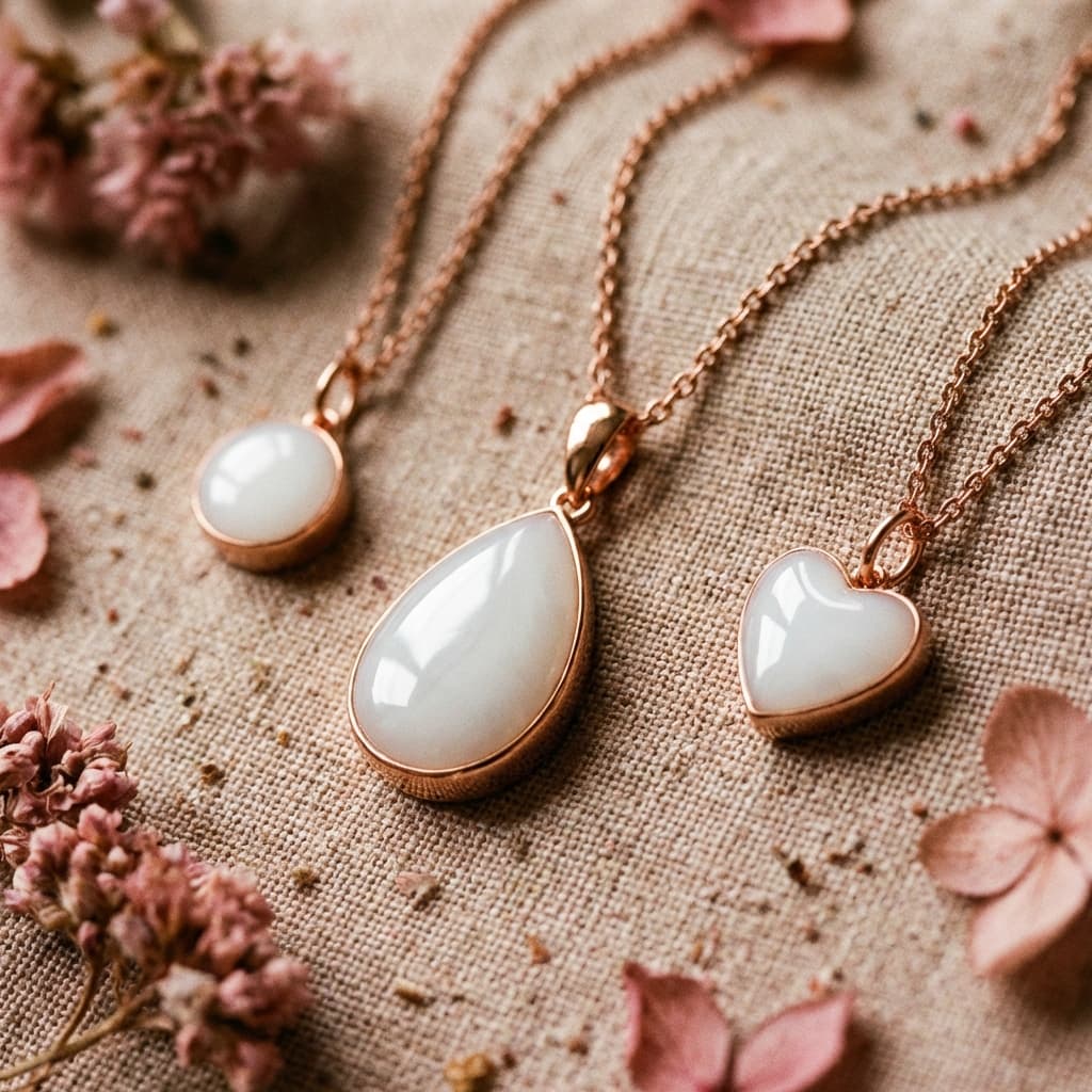 Rose-gold pendants with milky-white resin breastmilk stones on linen with dried pink flowers, showing results made with a diy breastmilk necklace making kit in oval, teardrop, and heart shapes.