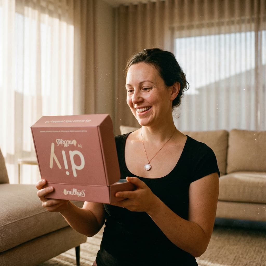 Smiling mom unboxing a Milkies package at home, showing why a diy breastmilk necklace making kit is a convenient, private way to create a meaningful keepsake with hands-on control.