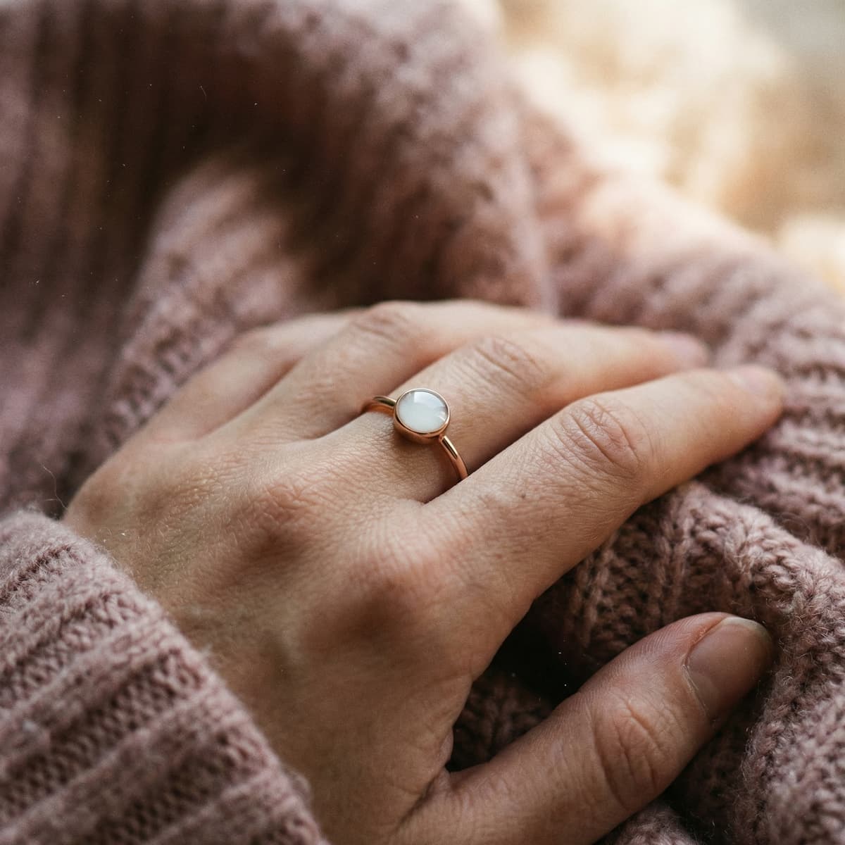 Hand wearing a delicate rose-gold ring with a milky-white resin stone, showing the keepsake result from a diy breastmilk ring making kit against a soft knitted sweater background.