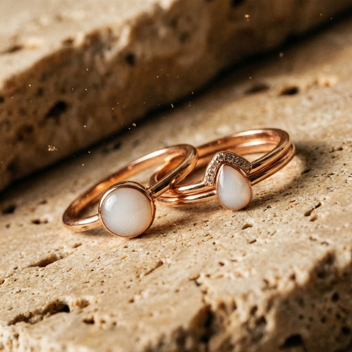 Close-up of two rose-gold DIY breastmilk rings with milky white resin stones—one round and one pear-shaped accented with small crystals—resting on textured natural stone.