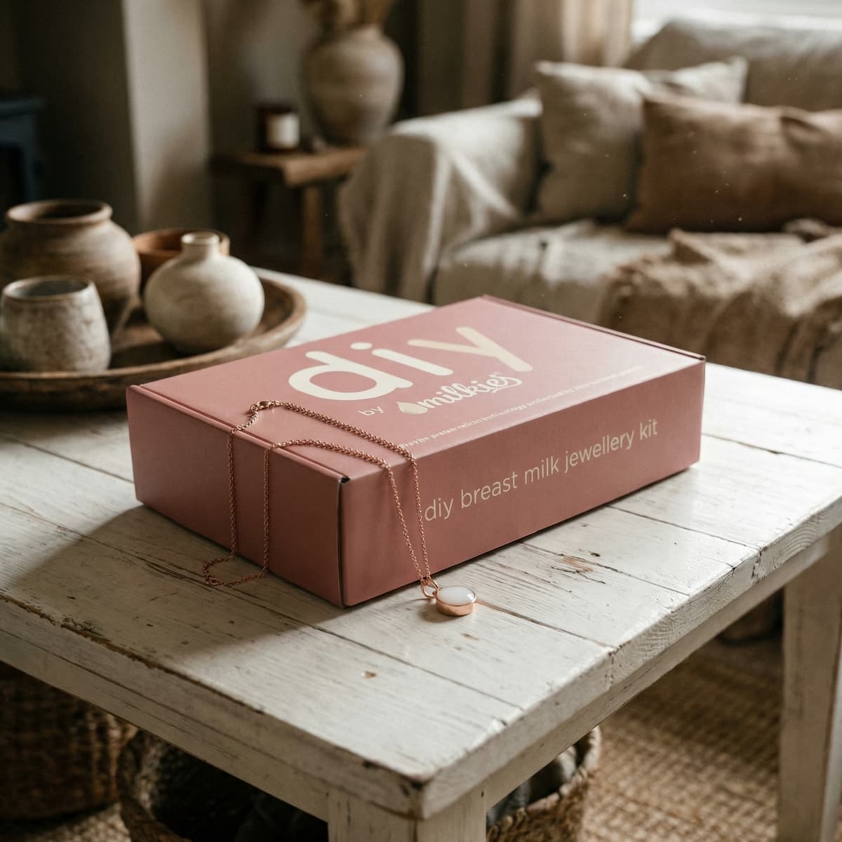 DIY by MILKIES at-home kit on a rustic coffee table beside a rose-gold breastmilk pendant necklace, for moms who want to make my own breastmilk jewelry at home
