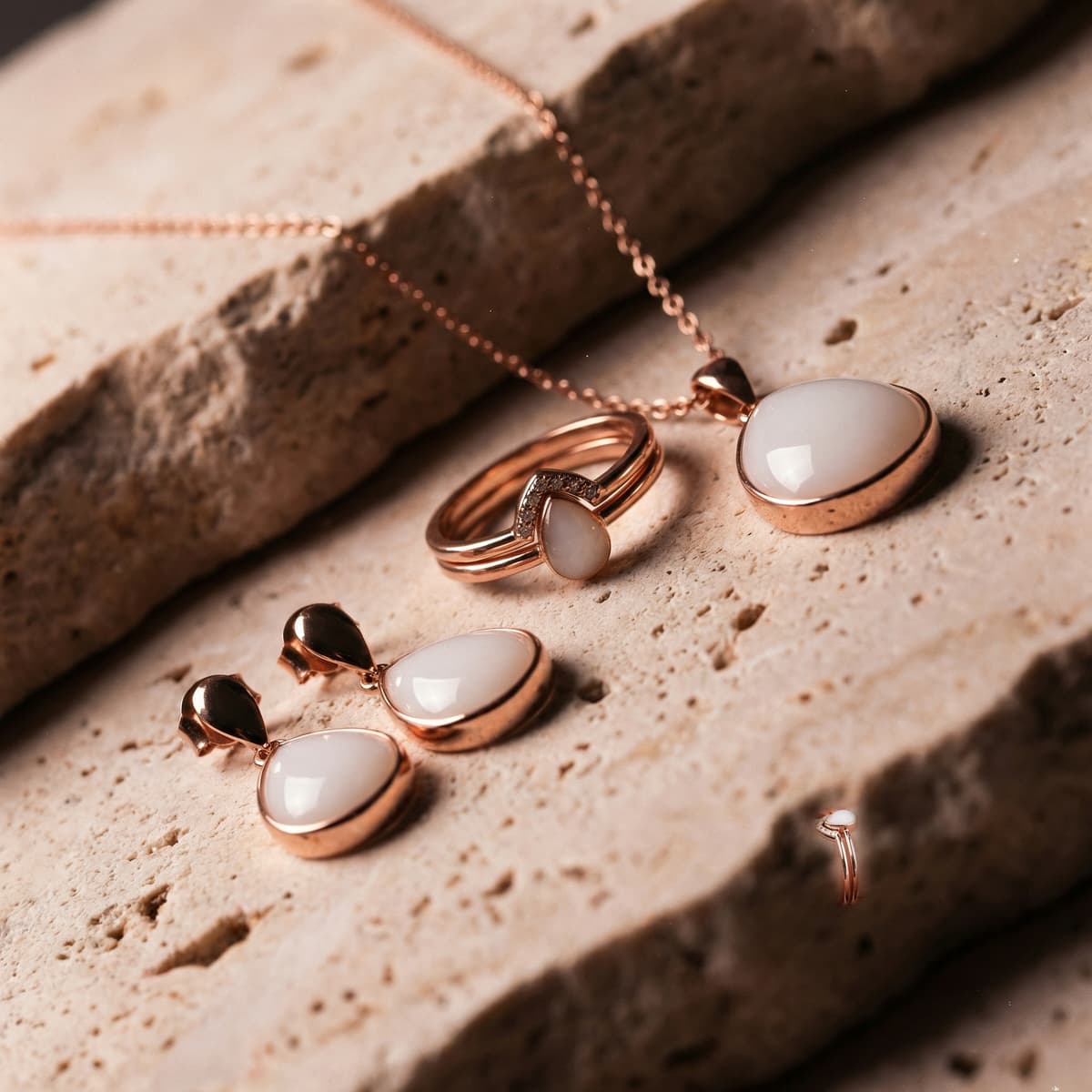 Rose gold necklace, ring, and teardrop earrings with milky white resin stones displayed on textured stone, ideal for moms who want to make my own breastmilk jewelry at home.