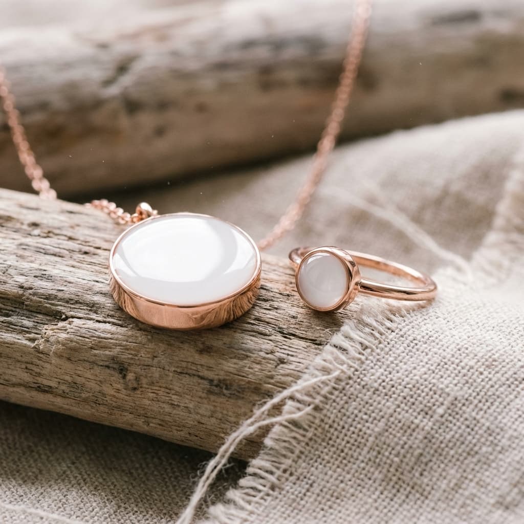 Rose-gold necklace pendant and matching ring with milky-white resin stones on rustic wood and linen, inspiring moms who want to make my own breastmilk jewelry at home as a timeless keepsake.