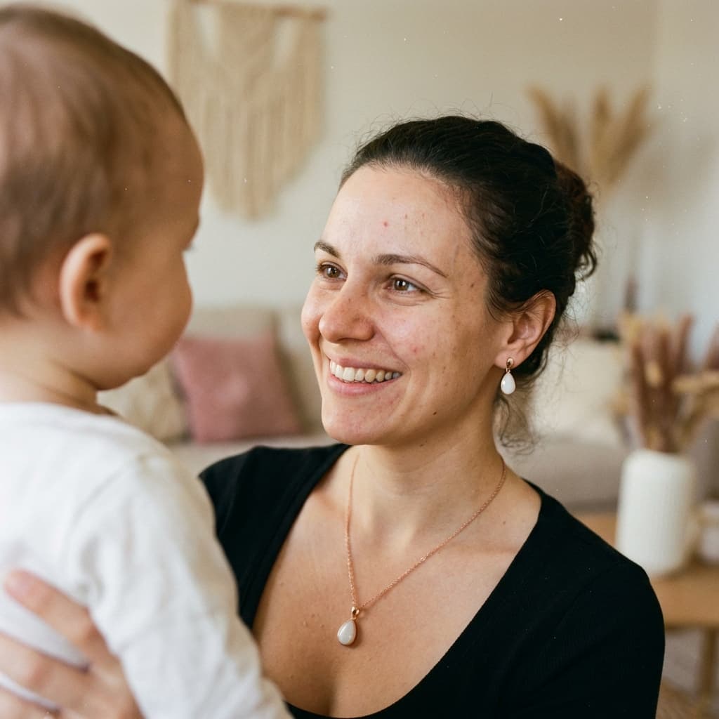 Smiling mom holding her baby while wearing matching milky-white pendant necklace and drop earrings, showing why mothers choose a DIY kit to make my own breastmilk jewelry as a meaningful private keepsake at home.