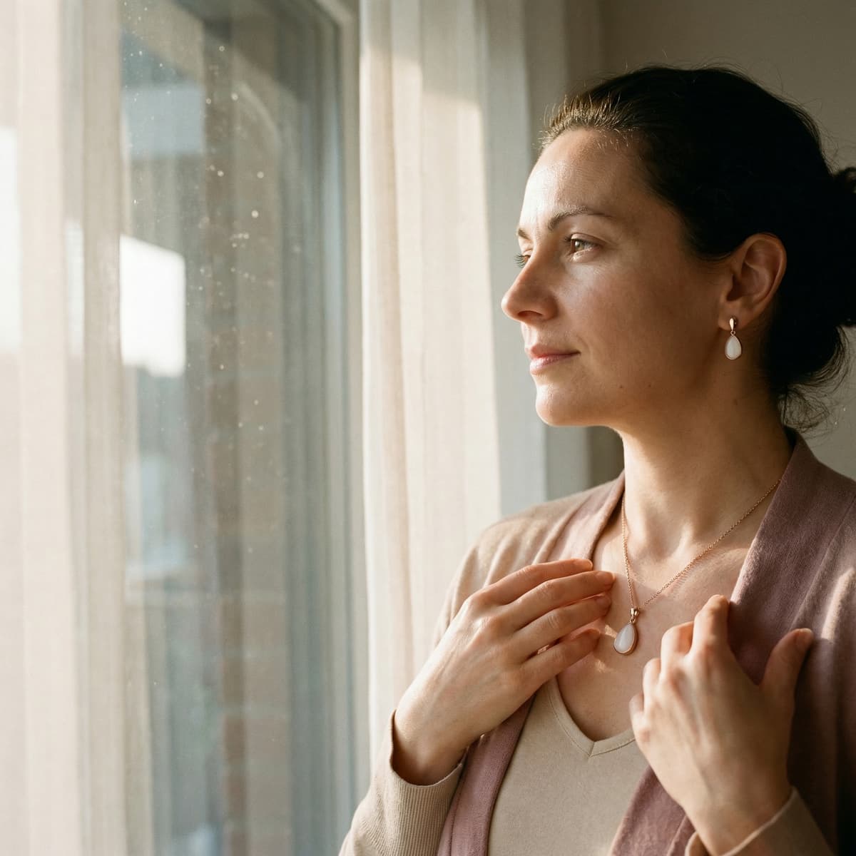 Mother gazes out a window wearing matching teardrop pendant necklace and earrings, showing how to make your own breastmilk jewelry as a sentimental keepsake set.