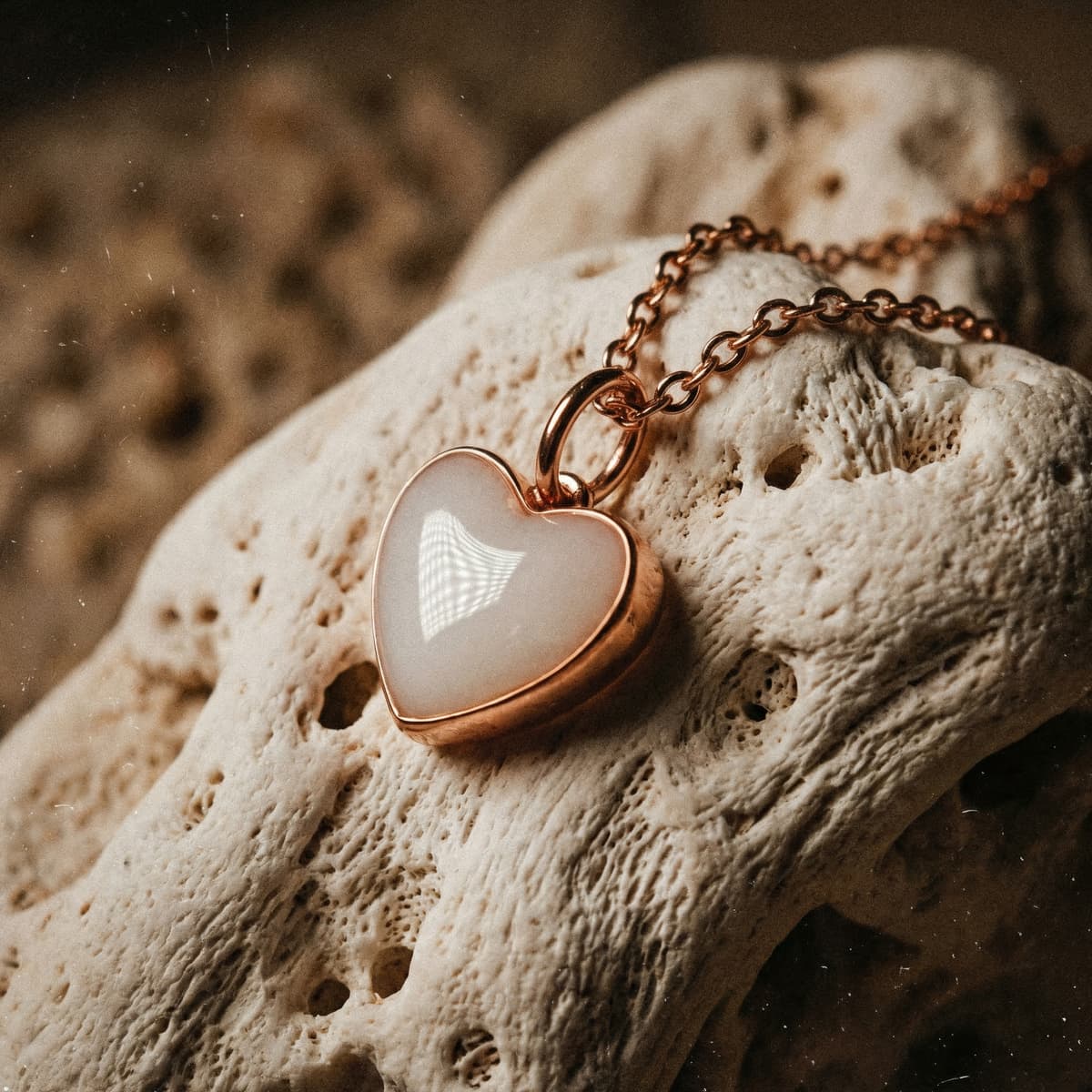 Rose gold heart-shaped keepsake necklace with milky white resin center on a textured stone background, a sentimental jewelry idea for new mom gifts for pregnant women.