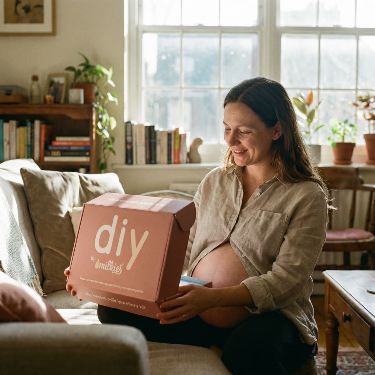 Pregnant woman smiling at home holding a pink DIY by MILKIES breast milk jewelry kit box, highlighting why this at-home keepsake kit makes meaningful new mom gifts for pregnant women.