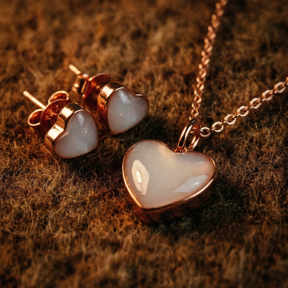 Rose-gold heart pendant necklace and matching heart stud earrings featuring milky white resin, a stopping breastfeeding keepsake jewelry set displayed on soft textured fabric.