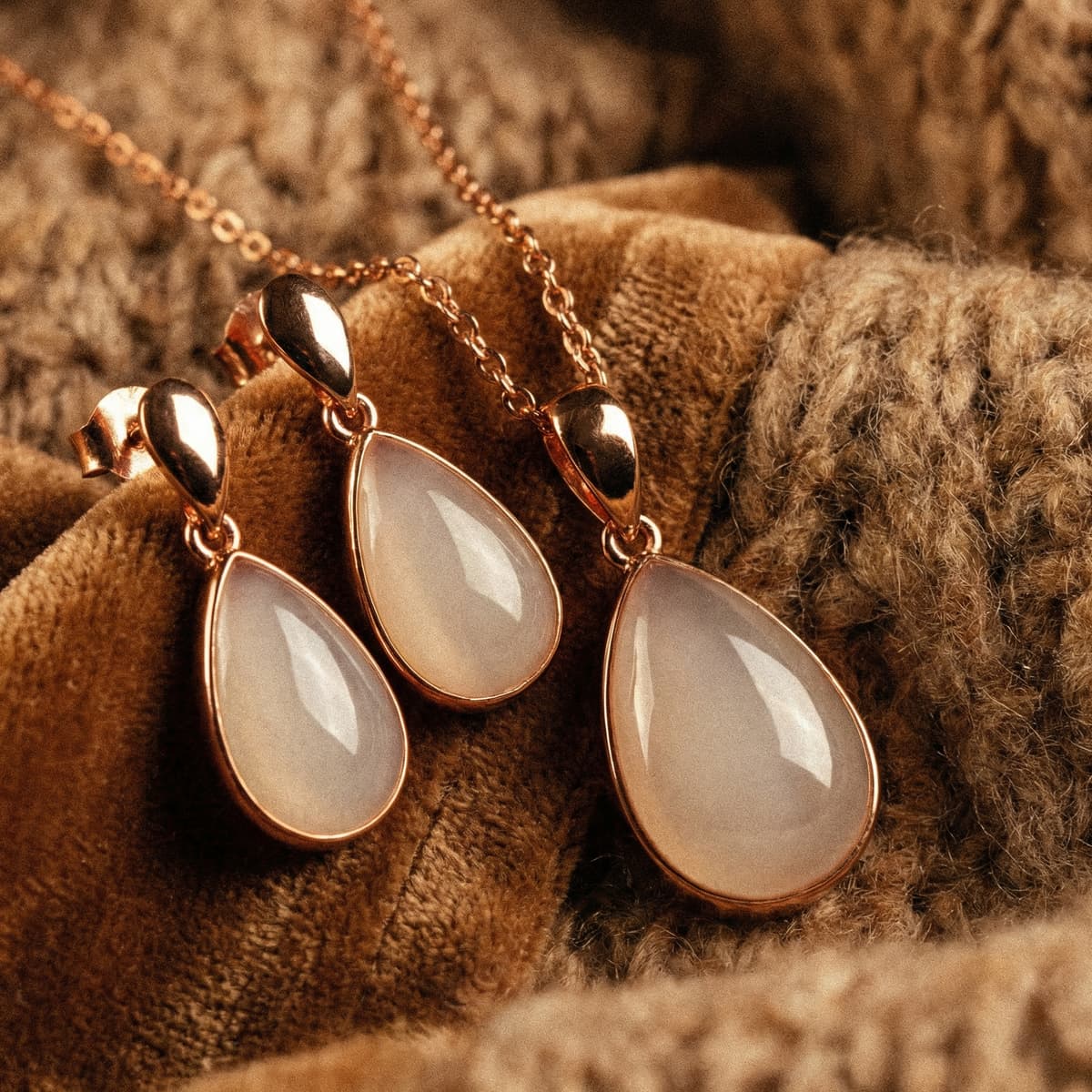 Rose gold teardrop necklace and matching earrings with milky white resin stones displayed on a cozy knitted blanket, a stopping breastfeeding keepsake jewelry set for moms