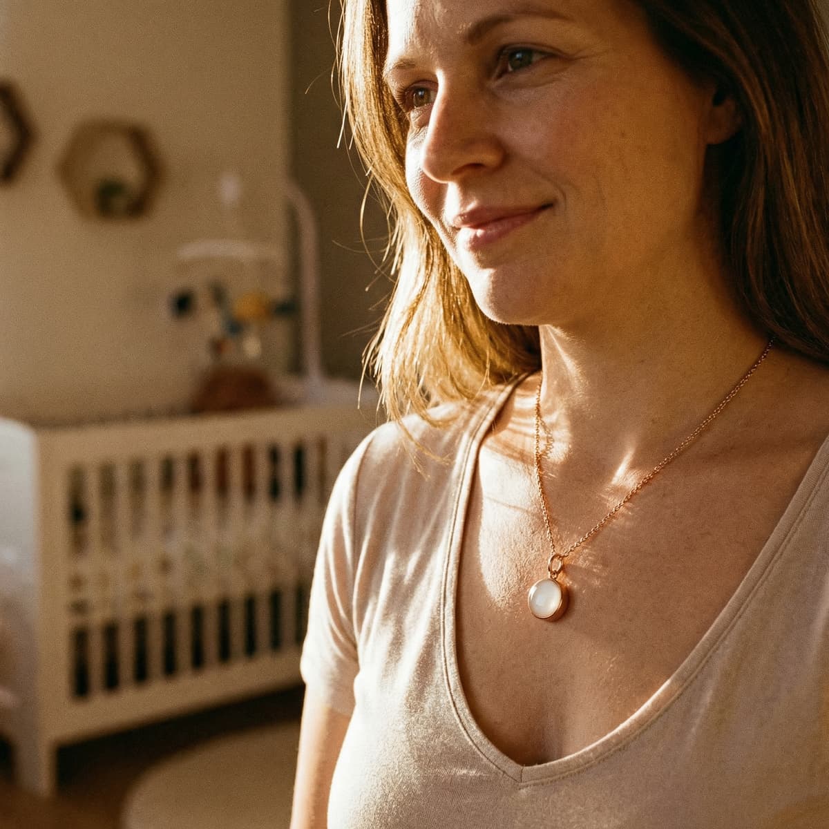 Sunlit portrait of a smiling mother wearing a delicate gold necklace with a milky-white pendant, a stopping breastfeeding keepsake that highlights why creating a meaningful DIY by MILKIES memento at home is a good idea for privacy and hands-on crafting.